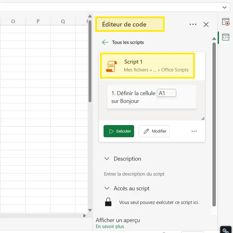 Installer et configurer Office Script dans Excel 365 éditeur de code excel